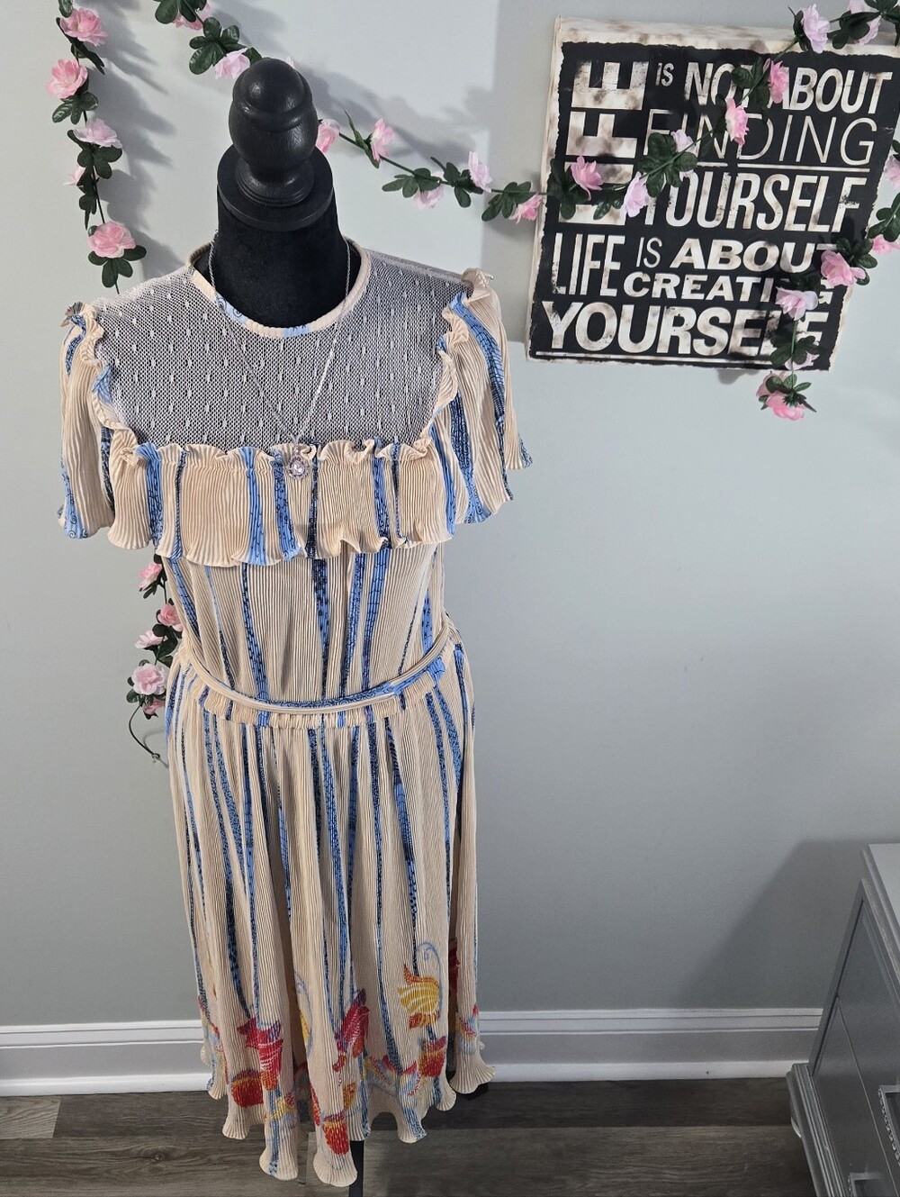 Vintage 80s Archa Paris Plisse Pleated Maxi Dress Size 40 France Mesh